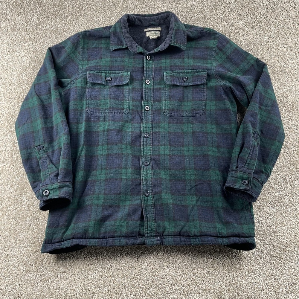 LL Bean Shirt Jacket‎ Mens Large Green Plaid Flannel Insulated Lined Outdoor